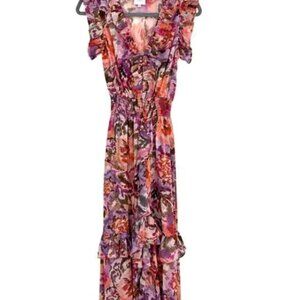 Misa Los Angeles Kidada Floral Maxi Dress, Ruffles, V Neck, Sunset Blooms, Sz XS